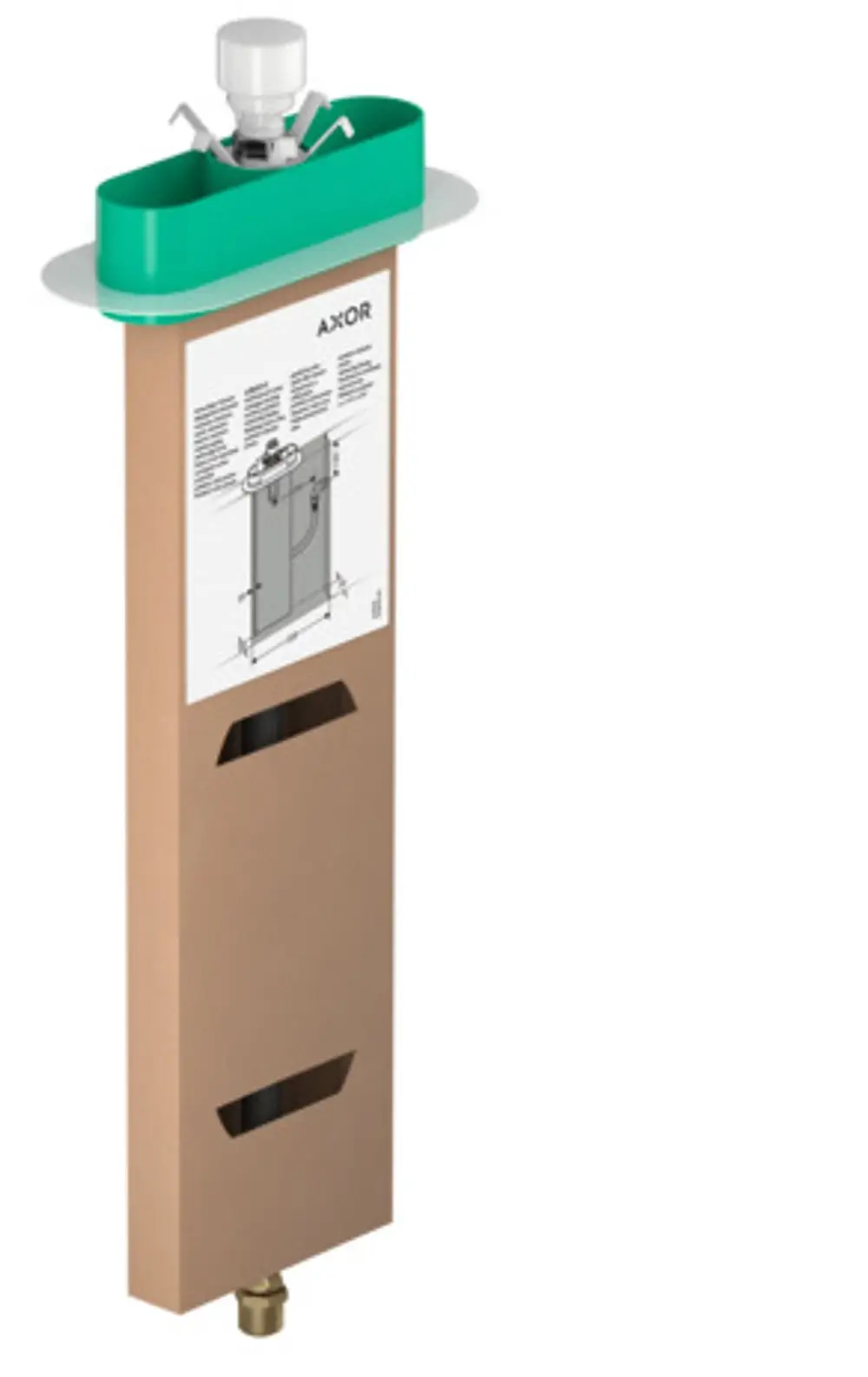 Sichtbare Installationskomponente von AXOR mit Bedienungselementen oben und Montageanleitung auf der Vorderseite, integriert in eine paketartige Struktur.